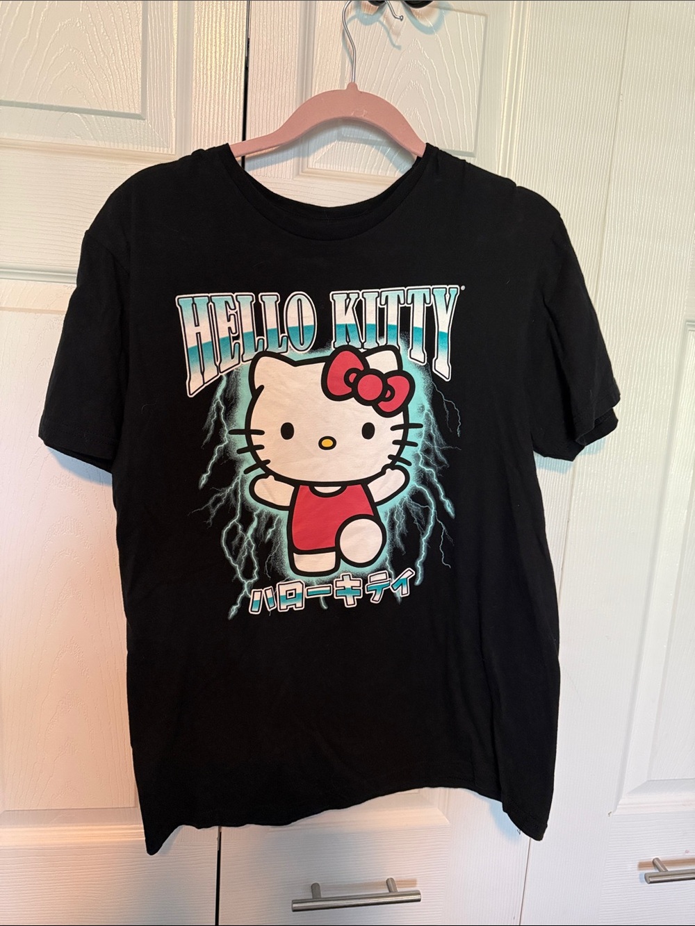 Hello Kitty Black Tee with Red Bow and Teal Lightning Graphic